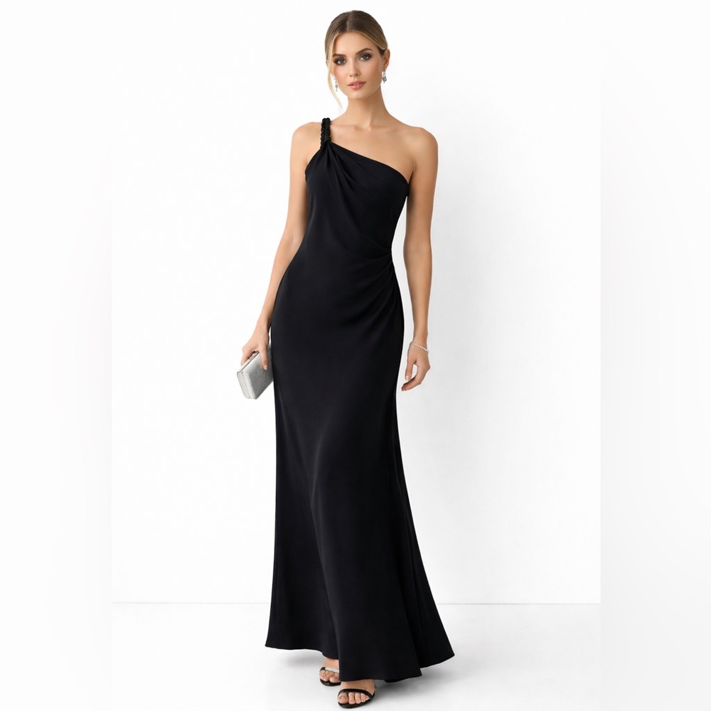 ELIE TAHARI Black 100% Silk One-Shoulder Maxi Dress Formal Prom Evening Gown‎ 10